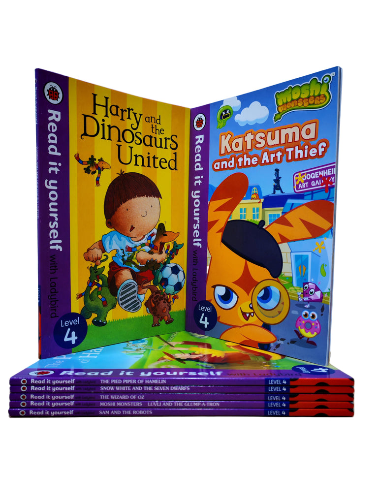 Two children's books titled 'Harry and the Dinosaurs United' and 'Katsuma and the Art Thief' on a wooden surface with a blue background.