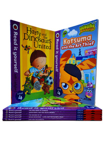 Two children's books titled 'Harry and the Dinosaurs United' and 'Katsuma and the Art Thief' on a wooden surface with a blue background.